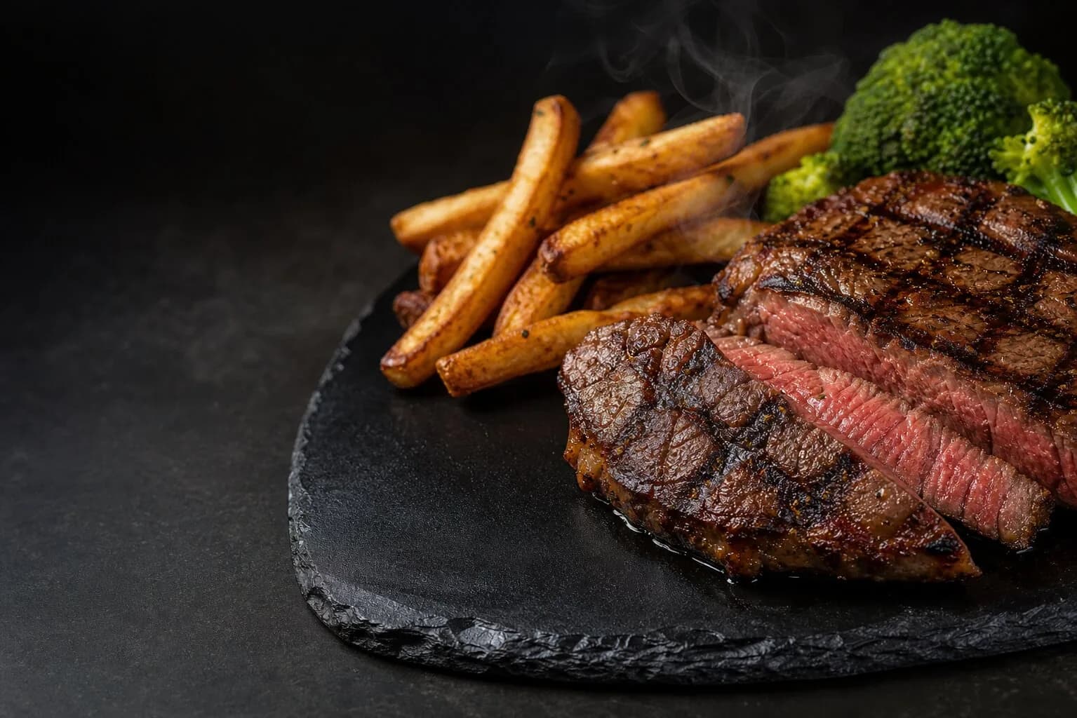 Grilled steak plate with steak fries and broccoli
